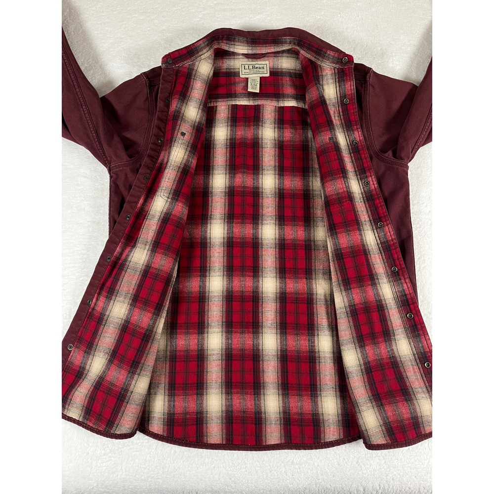 LL Bean Mens Flannel Lined Canvas Field Jacket Burgundy Red Plaid Med Regular - Picture 5 of 9